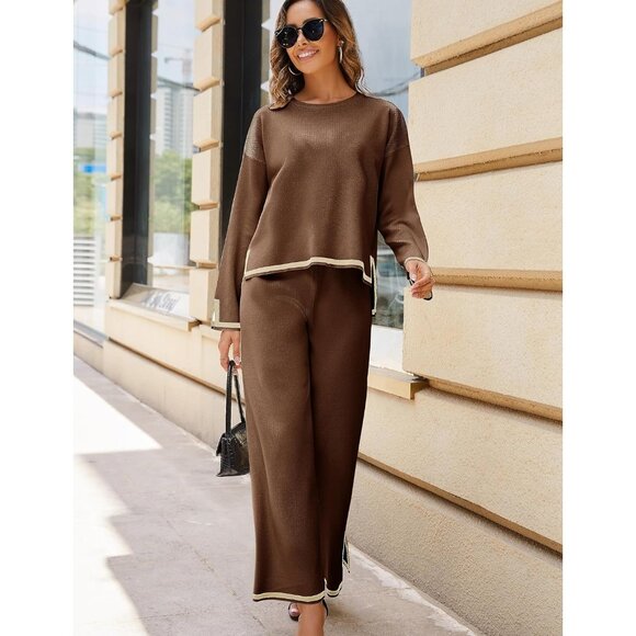 Women's Brown Long Sleeve Knit Sweater Top & Wide Leg Pants Lounge Set - Picture 3 of 6